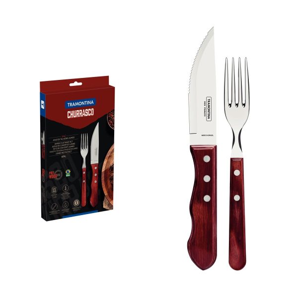 Jogo de Talheres Jumbo para Churrasco Tramontina em Aço Inox com Cabo Vermelho Polywood 4 Peças