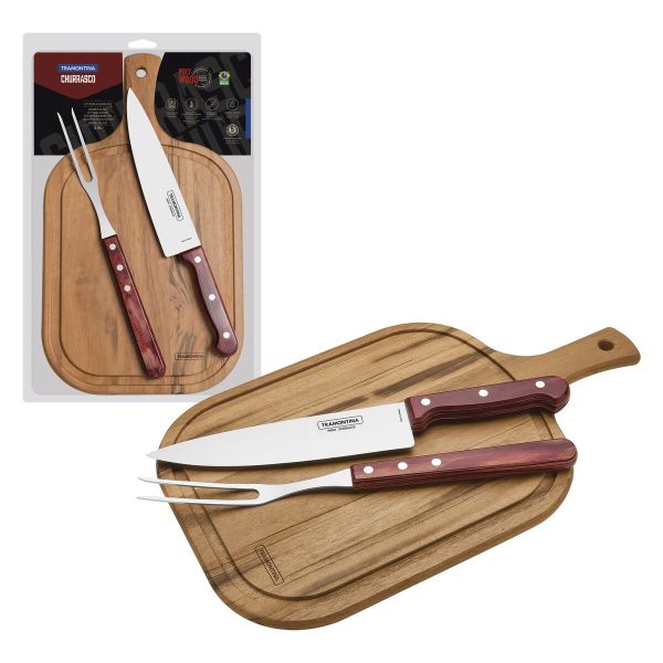 Kit para Churrasco Tramontina com Lâminas em Aço Inox e Cabo Polywood Vermelho com Tábua de Madeira 3 Peças