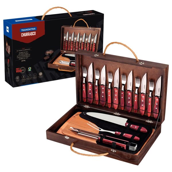 Kit para Churrasco Tramontina com Talheres Jumbo em Aço Inox Cabo Vermelho Polywood com Tábua e Estojo de Madeira 17 Peças