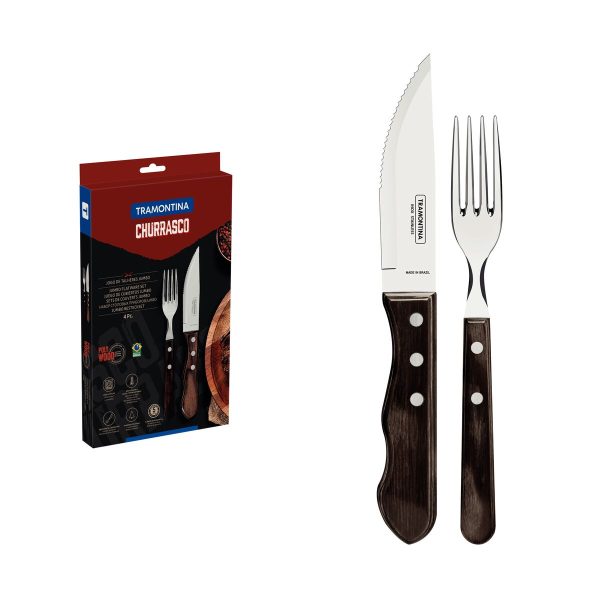 Jogo de Talheres Jumbo para Churrasco Tramontina em Aço Inox com Cabo Castanho Polywood 4 Peças