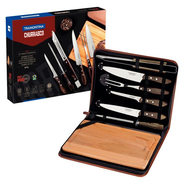 Kit para Churrasco Tramontina com Lâminas em Aço Inox e Cabos de Madeira Polywood Castanho com Tábua e Estojo 8 Peças