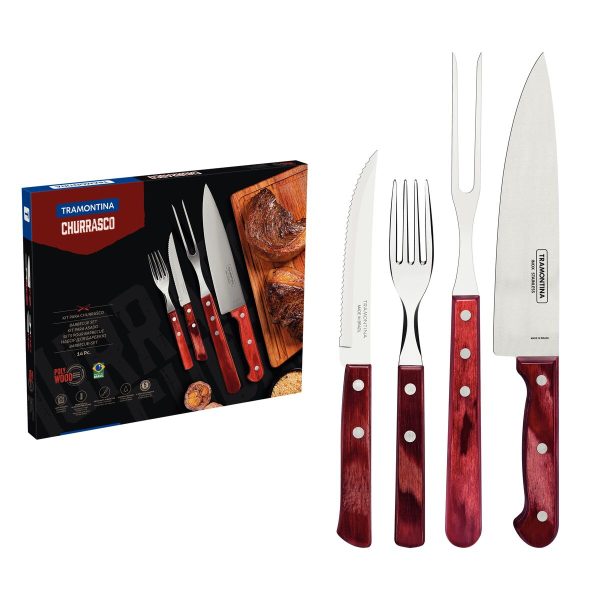 Kit para Churrasco Tramontina em Aço Inox com Cabo Vermelho Polywood 14 Peças