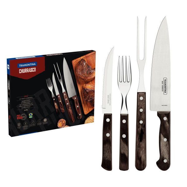 Kit para Churrasco Tramontina em Aço Inox com Cabo Castanho Polywood 14 Peças