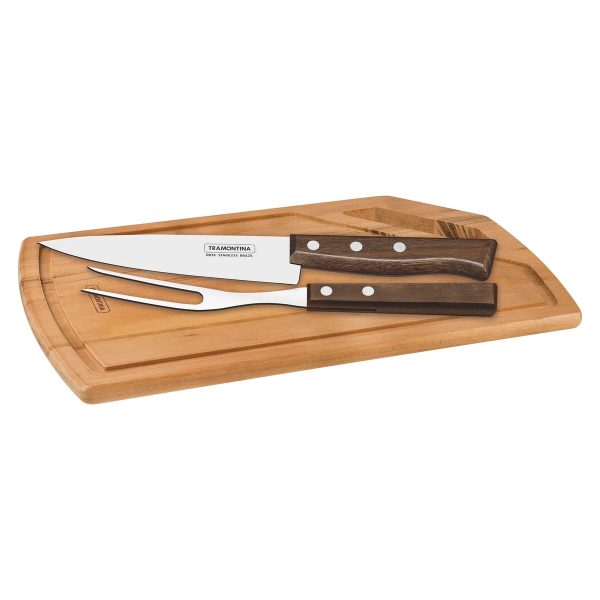 Kit para Churrasco Tramontina com Lâminas em Aço Inox e Cabo de Madeira Natural com Tábua de Madeira 3 Peças