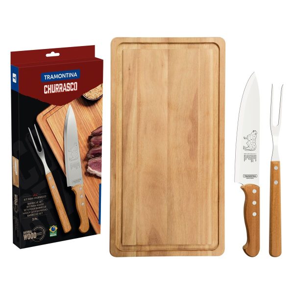 Kit para Churrasco Tramontina com Lâmina em Aço Inox Cabo de Madeira Natural com Tábua de Madeira 3 Peças