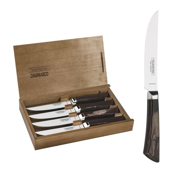 Conjunto de Facas para Churrasco Pampas Tramontina Fio Liso em Aço Inox Forjado com Cabo Castanho Polywood e Estojo de Madeira 4 Peças